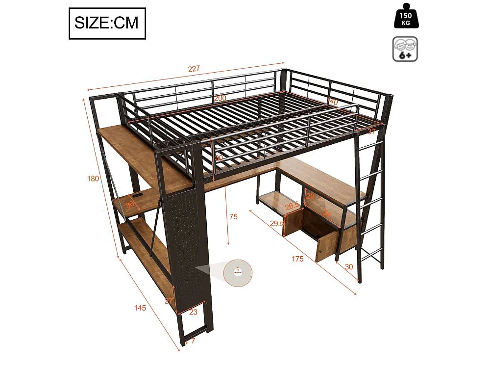 Lit mezzanine 140 x 200 cm avec structure en métal, LED intégrée, bureau, rangement, étagères multiples, panneau perforé et ports USB, sans matelas