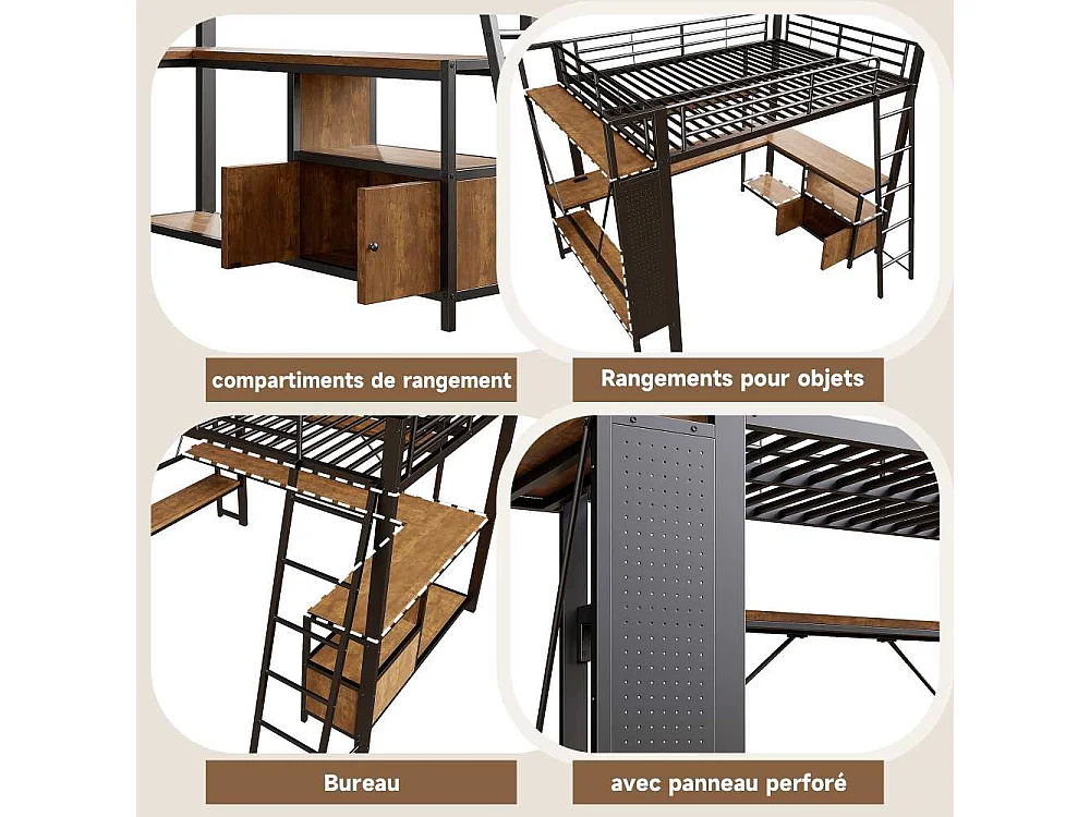 Lit mezzanine 140 x 200 cm avec structure en métal, LED intégrée, bureau, rangement, étagères multiples, panneau perforé et ports USB, sans matelas