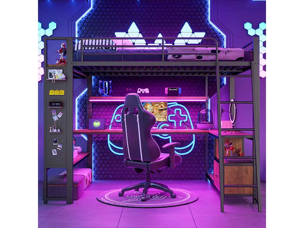 Lit mezzanine 140 x 200 cm avec structure en métal, LED intégrée, bureau, rangement, étagères multiples, panneau perforé et ports USB, sans matelas