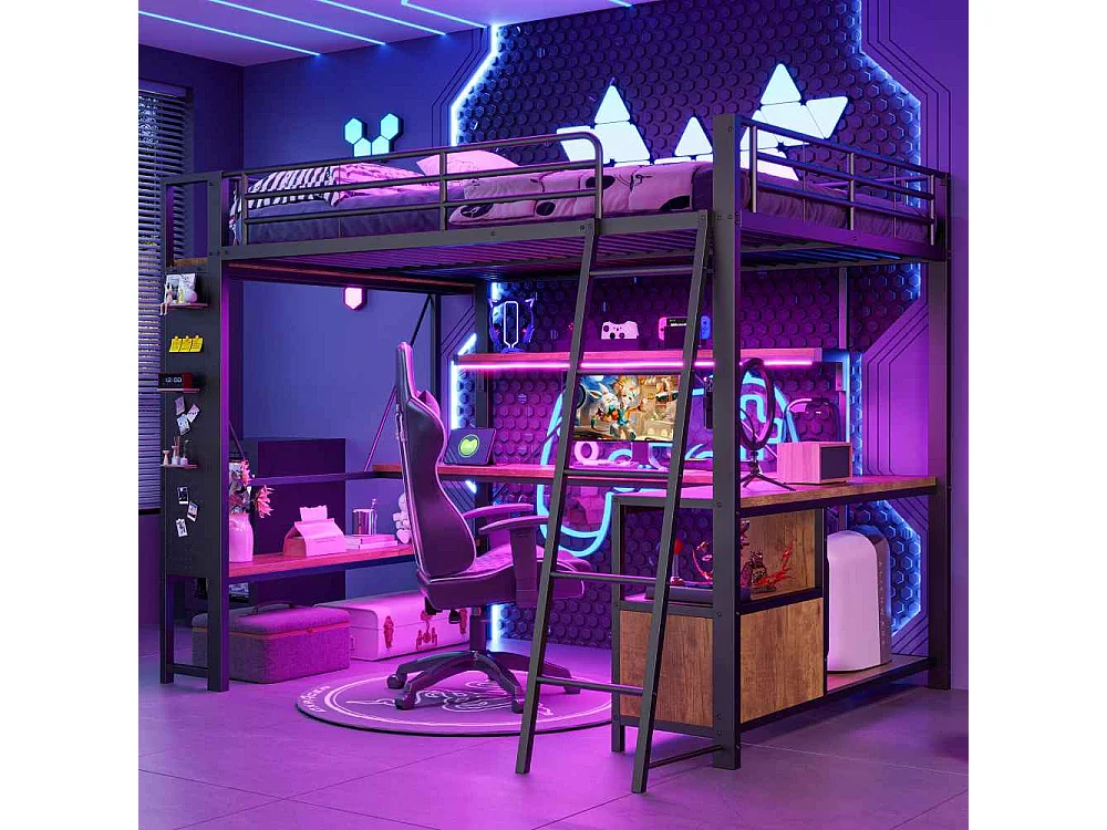 Lit mezzanine 140 x 200 cm avec structure en métal, LED intégrée, bureau, rangement, étagères multiples, panneau perforé et ports USB, sans matelas