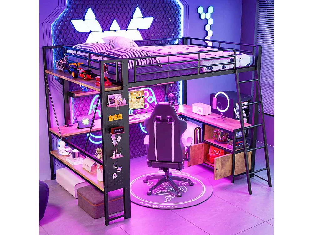 Lit mezzanine 140 x 200 cm avec structure en métal, LED intégrée, bureau, rangement, étagères multiples, panneau perforé et ports USB, sans matelas