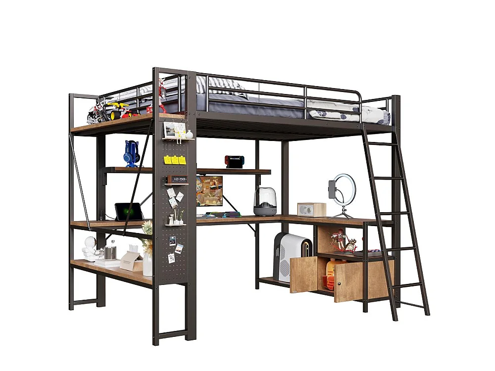 Lit mezzanine 140 x 200 cm avec structure en métal, LED intégrée, bureau, rangement, étagères multiples, panneau perforé et ports USB, sans matelas