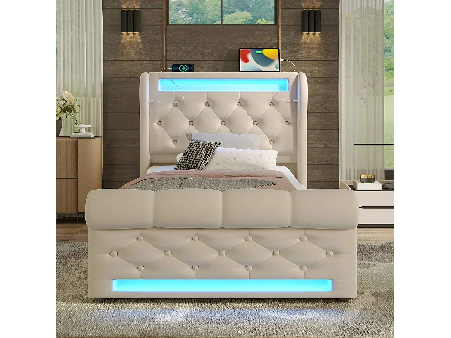 Lit Moderne avec Tête de Lit Capitonnée, 90x200cm, LED, USB et Type-C, Rangement Hydraulique, Tissu en Velours (Sans Matelas)
