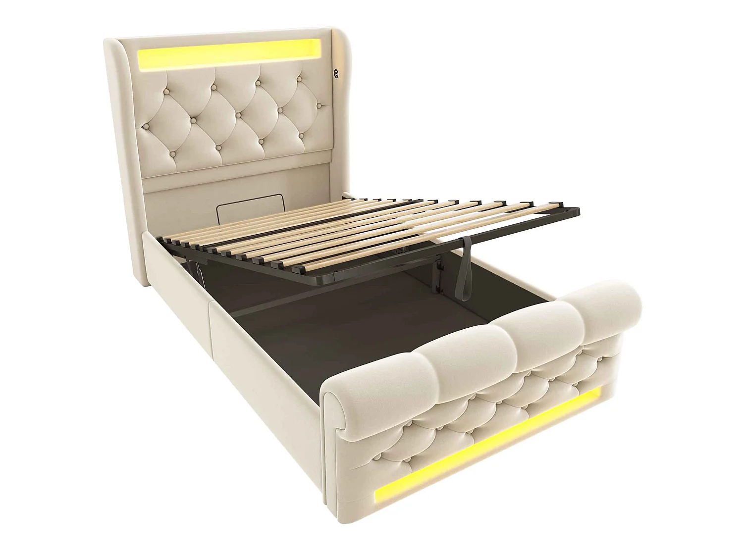 Lit Moderne avec Tête de Lit Capitonnée, 90x200cm, LED, USB et Type-C, Rangement Hydraulique, Tissu en Velours (Sans Matelas)