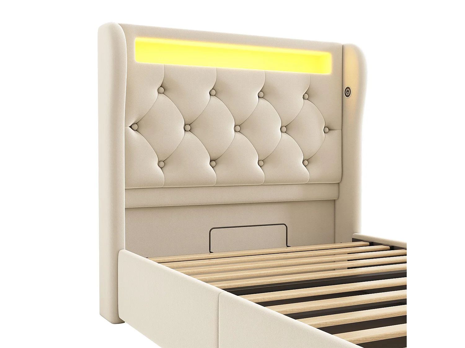 Lit Moderne avec Tête de Lit Capitonnée, 90x200cm, LED, USB et Type-C, Rangement Hydraulique, Tissu en Velours (Sans Matelas)