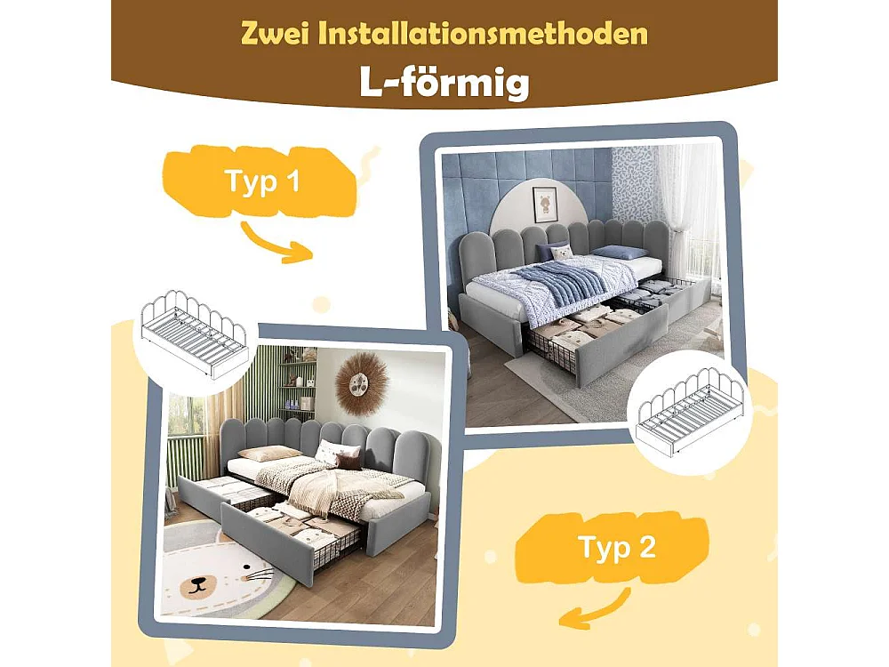 Polsterbett 90x200 cm avec rangement et tiroirs, lit simple en velours, canapé-lit confortable, cadre L modulable pour adultes et enfants