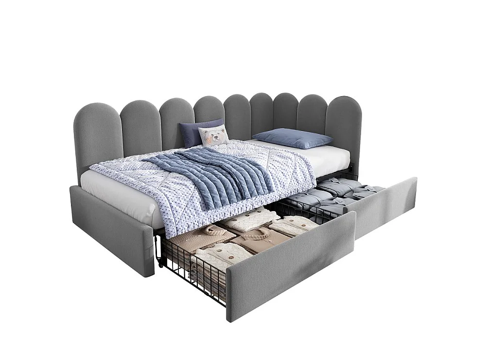 Polsterbett 90x200 cm avec rangement et tiroirs, lit simple en velours, canapé-lit confortable, cadre L modulable pour adultes et enfants