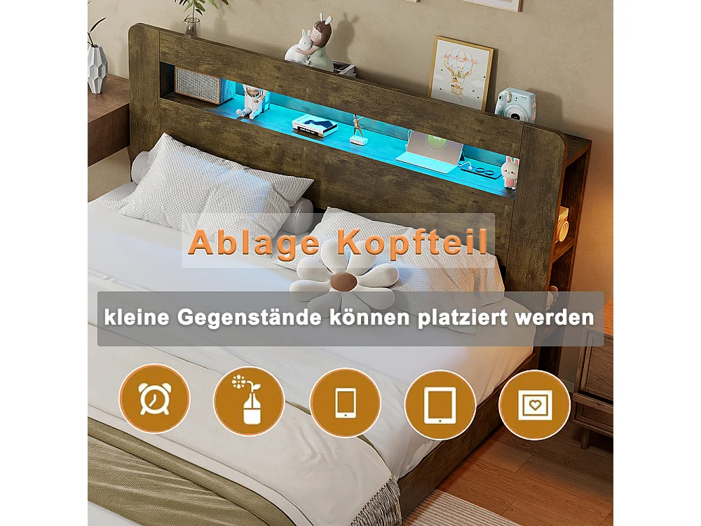 180*200 cm Houten opbergbed met hydraulische opbergruimte, LED-hoofdeinde, geïntegreerde stopcontacten en modern vintage platform