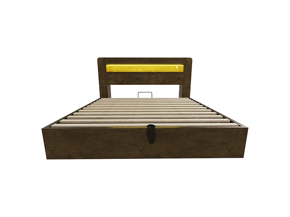 180*200 cm Houten opbergbed met hydraulische opbergruimte, LED-hoofdeinde, geïntegreerde stopcontacten en modern vintage platform