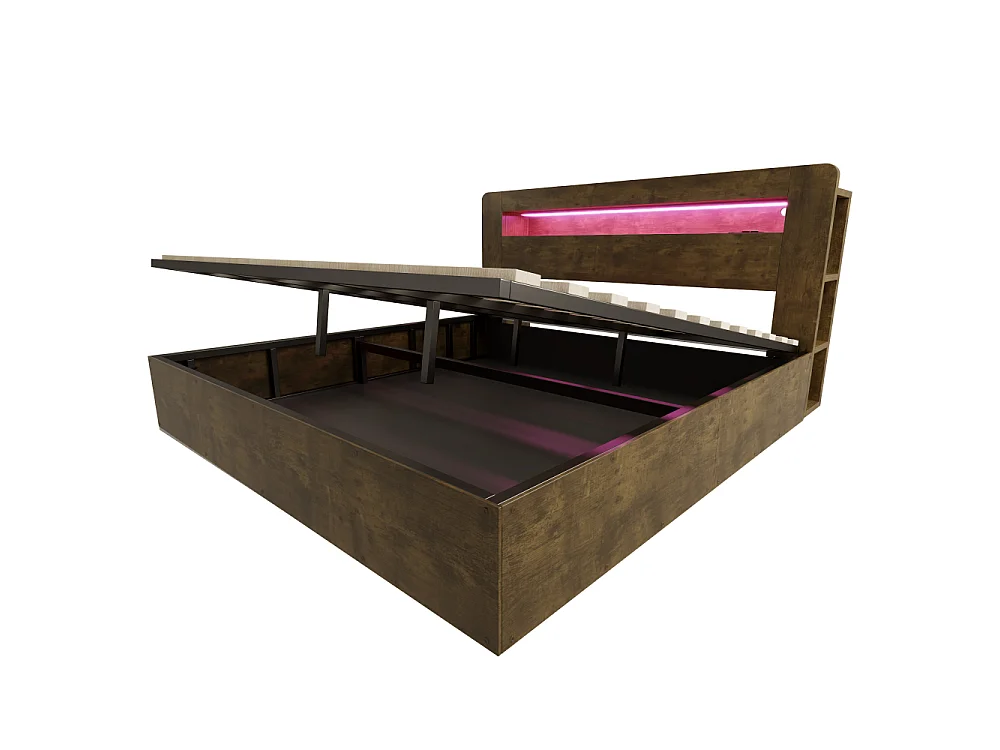 180*200 cm Houten opbergbed met hydraulische opbergruimte, LED-hoofdeinde, geïntegreerde stopcontacten en modern vintage platform