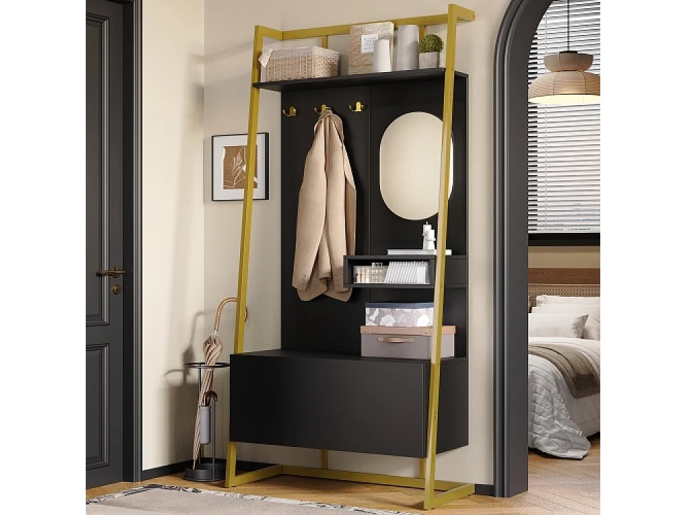 Guardaroba moderno multifunzione con specchio, ganci in metallo, panca porta scarpe e scaffali