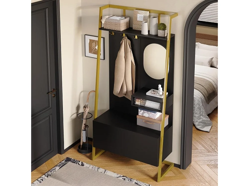 Guardaroba moderno multifunzione con specchio, ganci in metallo, panca porta scarpe e scaffali