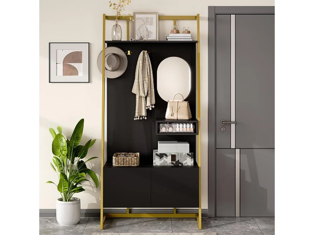 Guardaroba moderno multifunzione con specchio, ganci in metallo, panca porta scarpe e scaffali