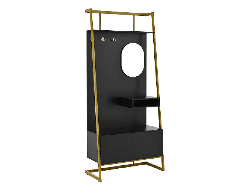Guardaroba moderno multifunzione con specchio, ganci in metallo, panca porta scarpe e scaffali