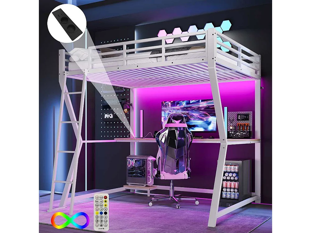 Lit mezzanine 140x200cm avec LED, bureau multifonction, support PC, prise USB, rambarde sécurisée et escalier, cadre en fer robuste