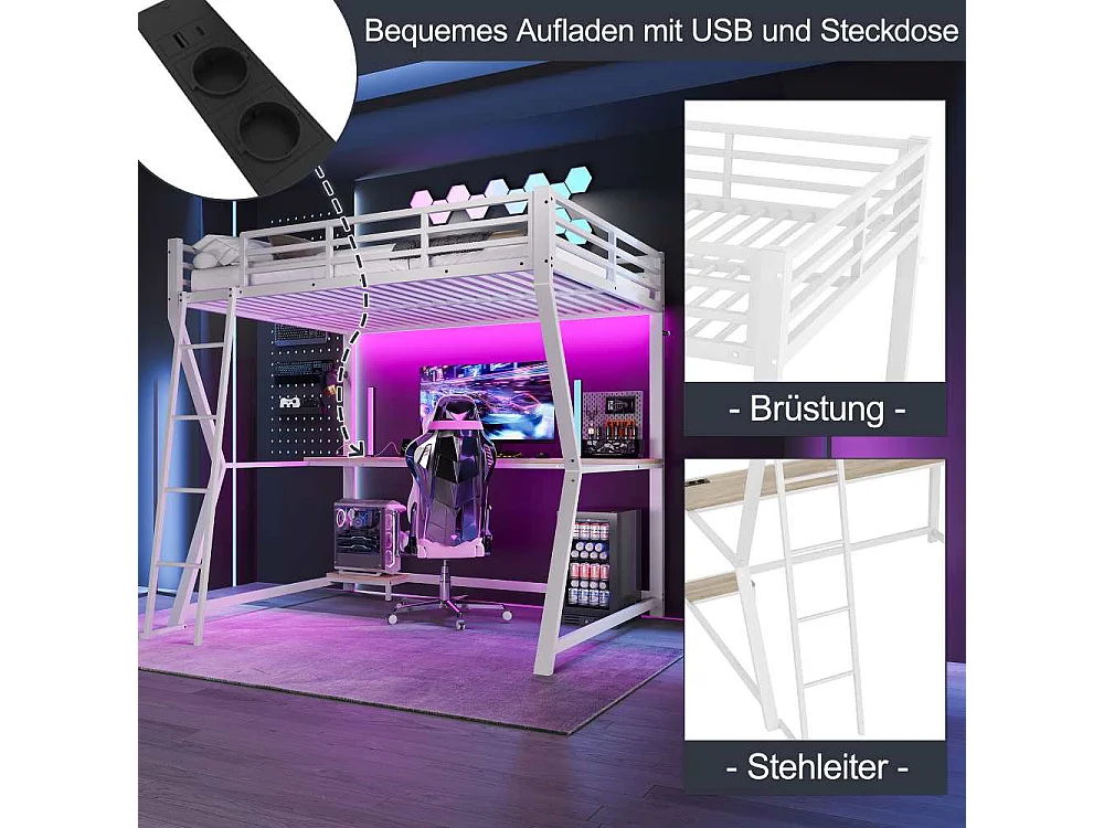 Lit mezzanine 140x200cm avec LED, bureau multifonction, support PC, prise USB, rambarde sécurisée et escalier, cadre en fer robuste