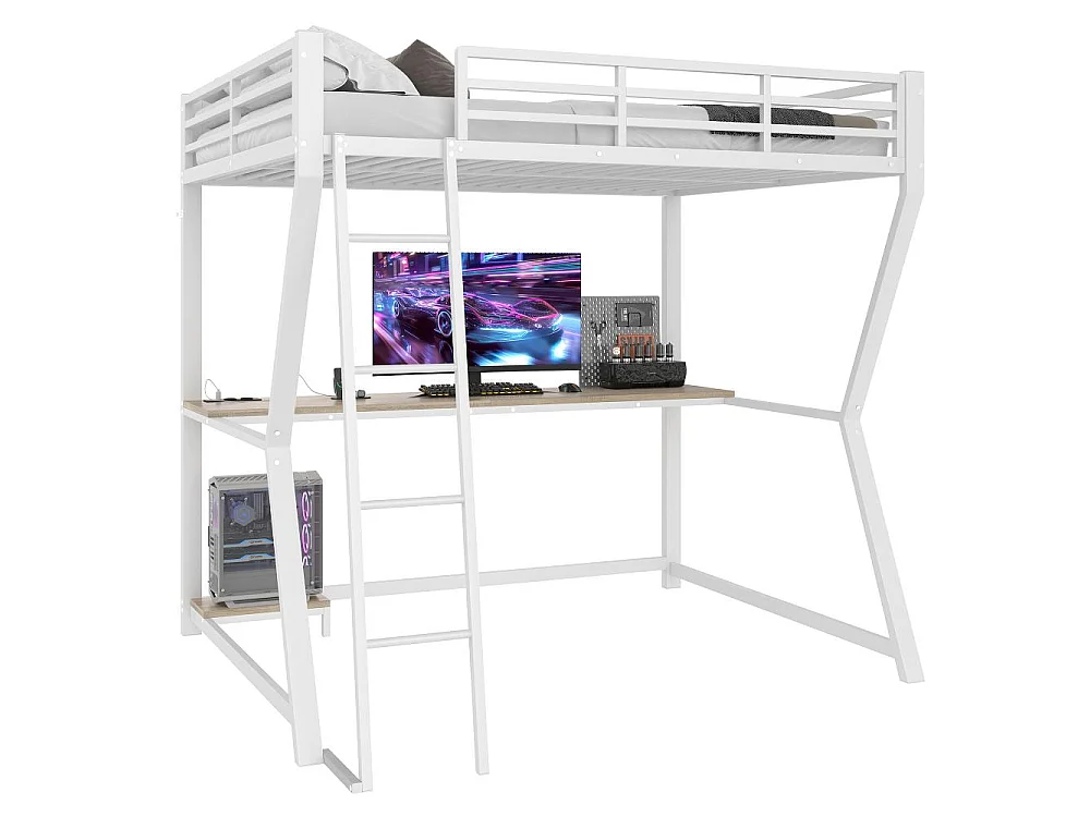 Lit mezzanine 140x200cm avec LED, bureau multifonction, support PC, prise USB, rambarde sécurisée et escalier, cadre en fer robuste