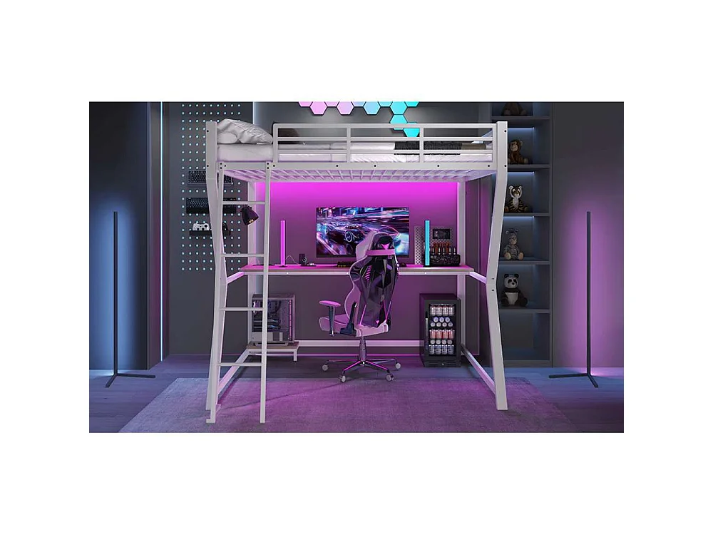 Lit mezzanine 140x200cm avec LED, bureau multifonction, support PC, prise USB, rambarde sécurisée et escalier, cadre en fer robuste