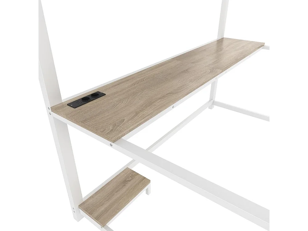 Lit mezzanine 140x200cm avec LED, bureau multifonction, support PC, prise USB, rambarde sécurisée et escalier, cadre en fer robuste