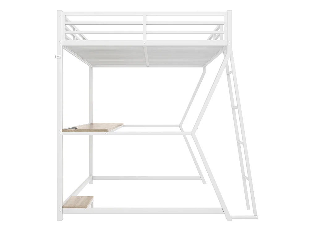 Lit mezzanine 140x200cm avec LED, bureau multifonction, support PC, prise USB, rambarde sécurisée et escalier, cadre en fer robuste