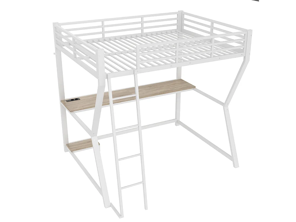 Lit mezzanine 140x200cm avec LED, bureau multifonction, support PC, prise USB, rambarde sécurisée et escalier, cadre en fer robuste