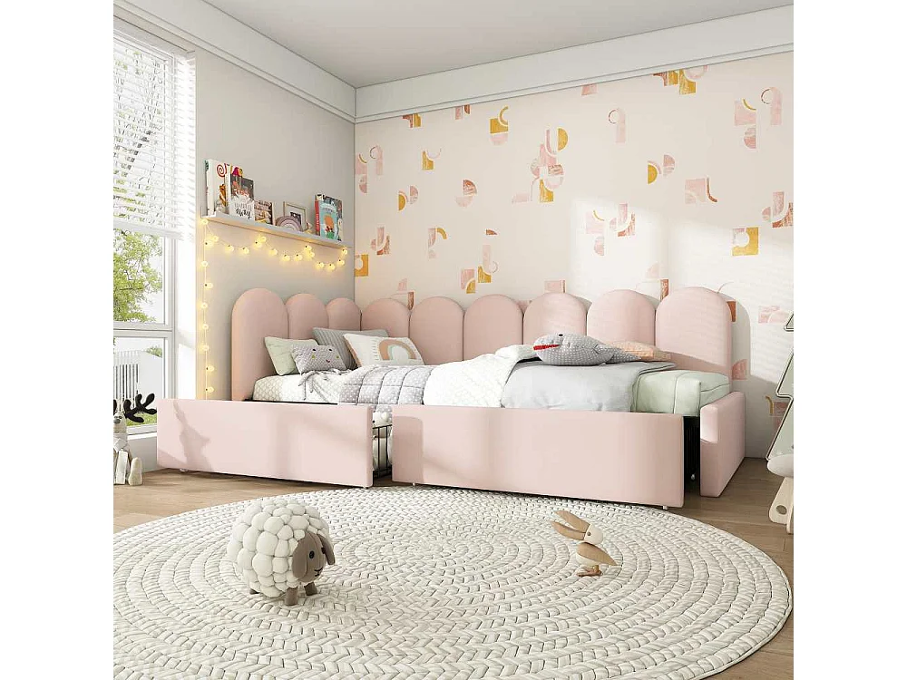 Lit polster 90x200 cm avec tiroirs de rangement, lit de jour convertible canapé, velours rembourré avec sommier, sans matelas