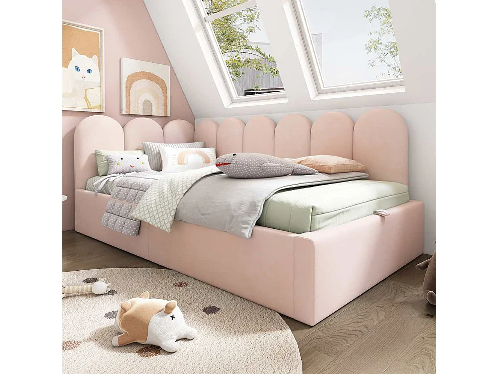 Lit polster Daybett 90x200 cm, canapé-lit hydraulique avec rangement, lit enfant avec sommier métallique, velours, sans matelas