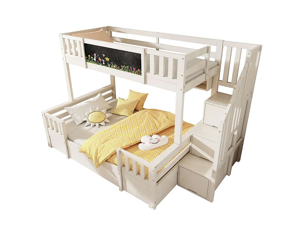 Lit superposé pour 3 enfants 90x200 & 140x200 en bois massif avec escalier de rangement, tableau noir et tiroirs
