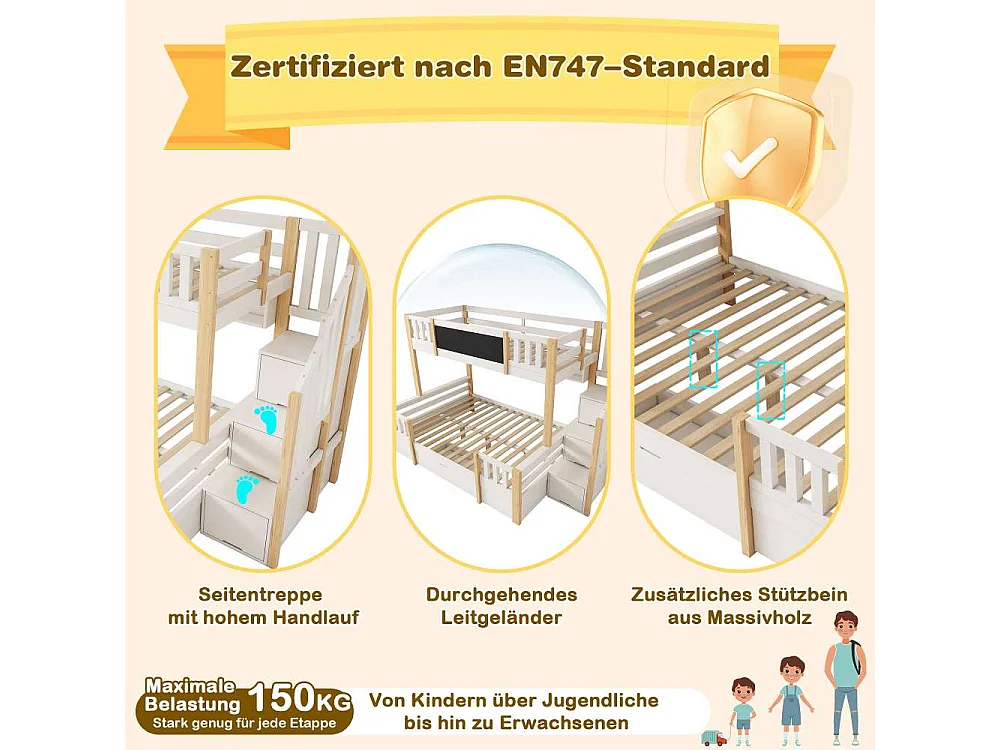 Lit superposé pour 3 enfants 90x200 & 140x200 en bois massif avec escalier de rangement, tableau noir et tiroirs