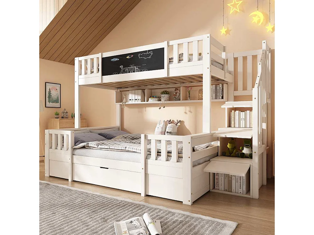 Lit superposé pour 3 enfants 90x200 & 140x200 en bois massif avec escalier de rangement, tableau noir et tiroirs