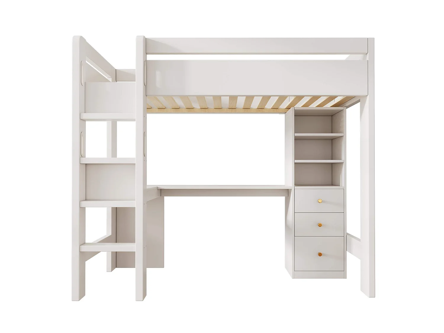 Lit en hauteur pour enfant avec bureau L, étagères, tiroirs et prises USB/Type-C, lit simple 90x200 cm, blanc, sans matelas