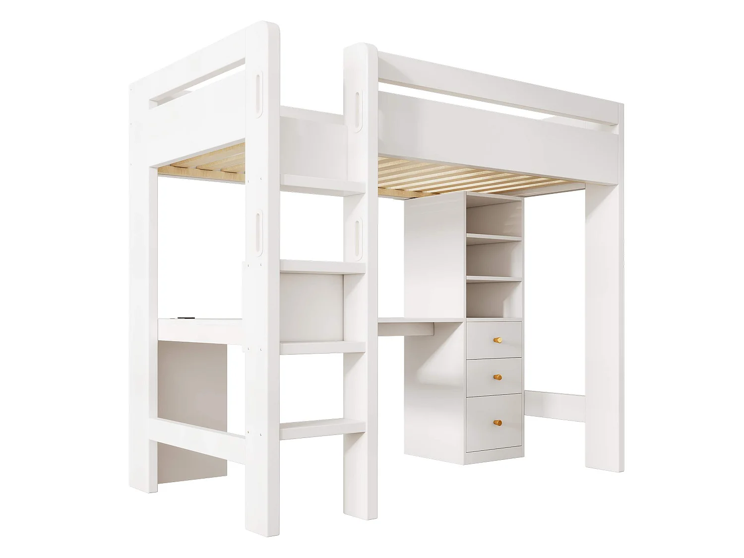 Lit en hauteur pour enfant avec bureau L, étagères, tiroirs et prises USB/Type-C, lit simple 90x200 cm, blanc, sans matelas