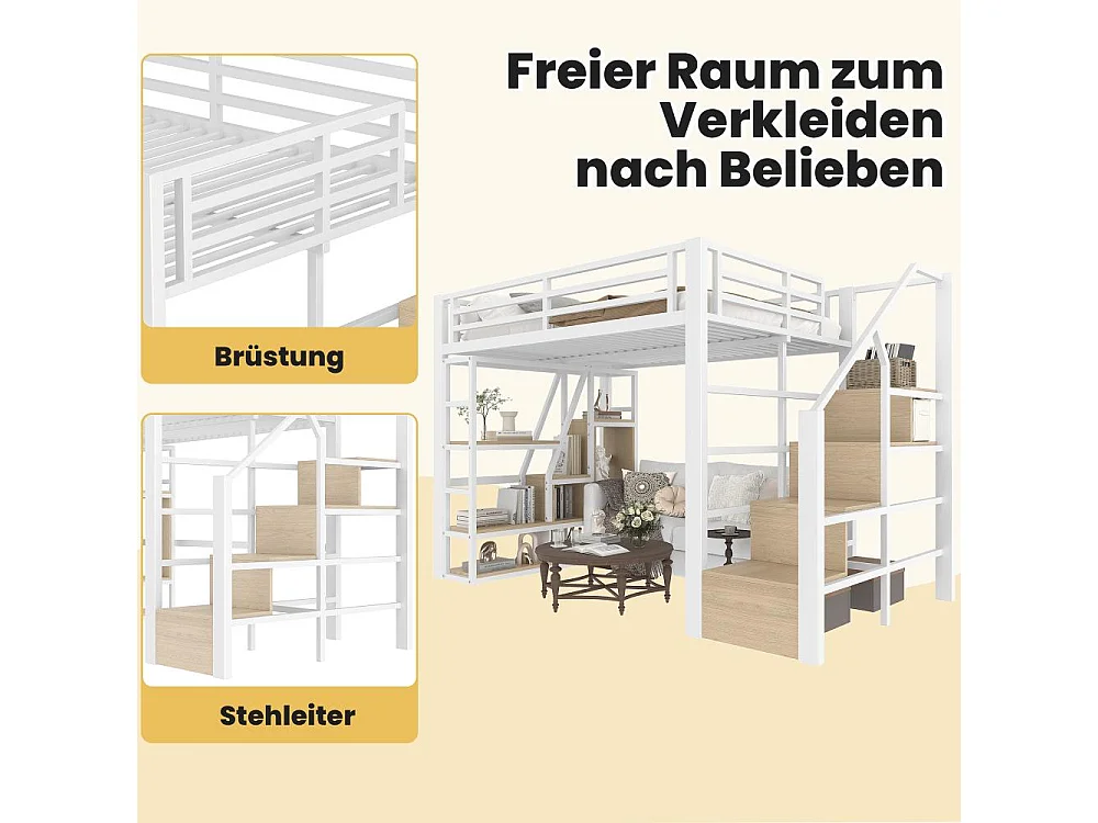 Lit mezzanine enfant 140 x 200 cm en métal et MDF avec étagères, marches intégrées, garde-corps, échelle et éclairage LED, sans matelas