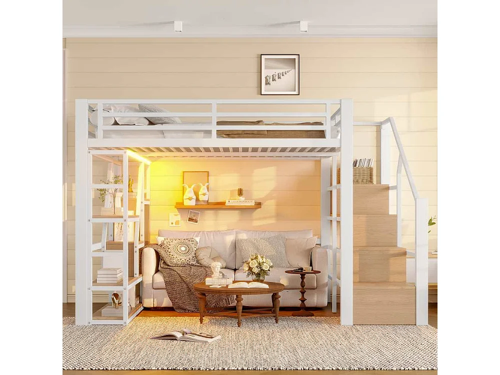 Lit mezzanine enfant 140 x 200 cm en métal et MDF avec étagères, marches intégrées, garde-corps, échelle et éclairage LED, sans matelas