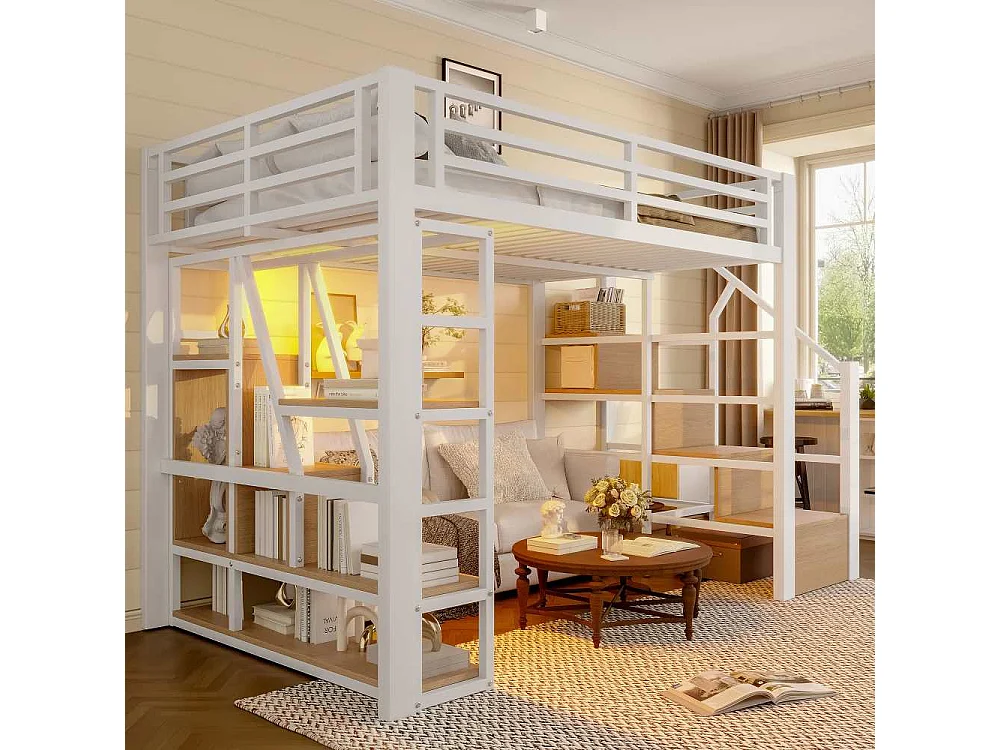 Lit mezzanine enfant 140 x 200 cm en métal et MDF avec étagères, marches intégrées, garde-corps, échelle et éclairage LED, sans matelas