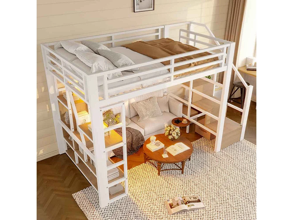 Lit mezzanine enfant 140 x 200 cm en métal et MDF avec étagères, marches intégrées, garde-corps, échelle et éclairage LED, sans matelas
