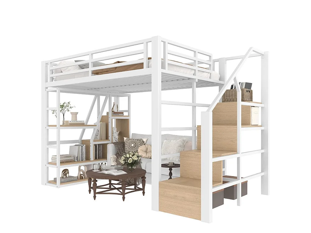 Lit mezzanine enfant 140 x 200 cm en métal et MDF avec étagères, marches intégrées, garde-corps, échelle et éclairage LED, sans matelas