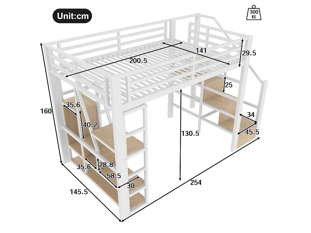 Lit mezzanine enfant 140 x 200 cm en métal et MDF avec étagères, marches intégrées, garde-corps, échelle et éclairage LED, sans matelas