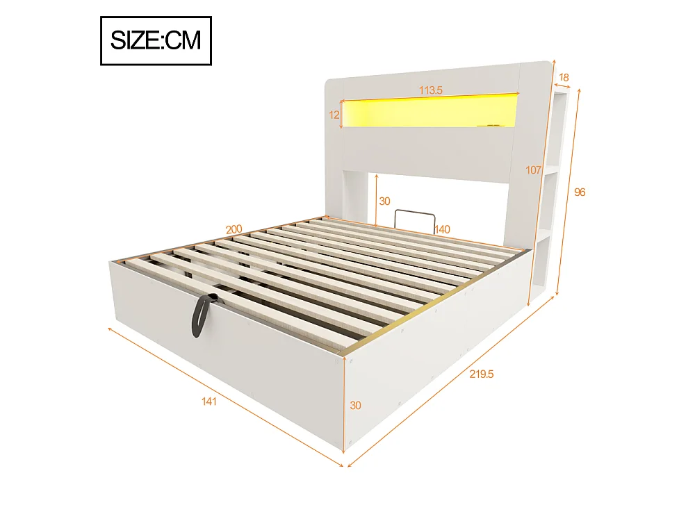 140*200 cm Lit coffre en bois avec rangement hydraulique, tête de lit LED, prises intégrées et plateforme vintage moderne