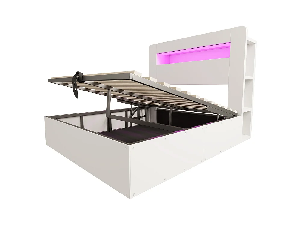 140*200 cm Lit coffre en bois avec rangement hydraulique, tête de lit LED, prises intégrées et plateforme vintage moderne