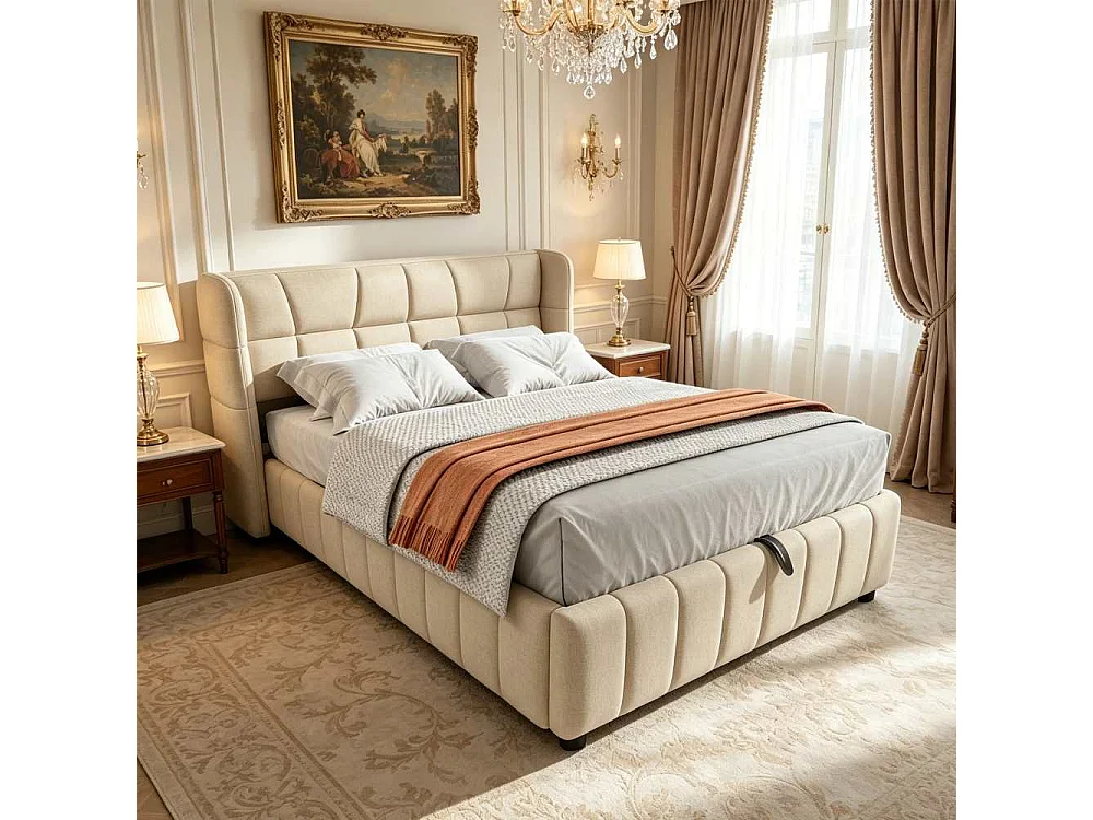 140 x 200 cm Polsterbett Kinderbett Stauraumbett mit Lattenrost, Kopfteil, Leinenbezug und Hebemechanismus, robustes Jugendbett bis 150 kg