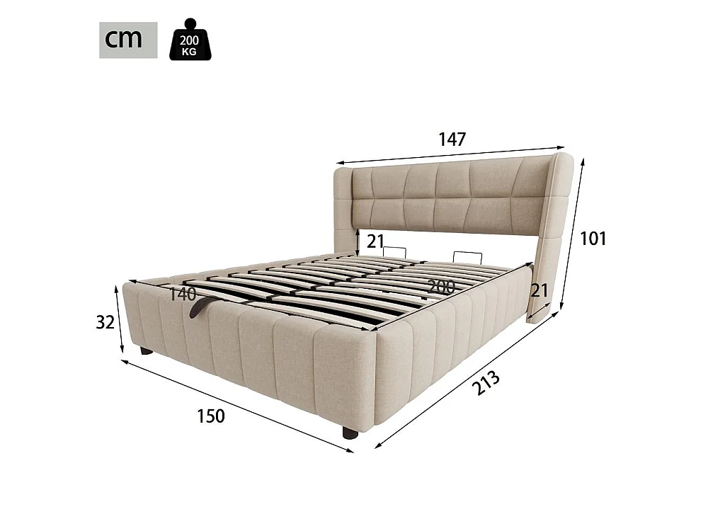 140 x 200 cm Polsterbett Kinderbett Stauraumbett mit Lattenrost, Kopfteil, Leinenbezug und Hebemechanismus, robustes Jugendbett bis 150 kg