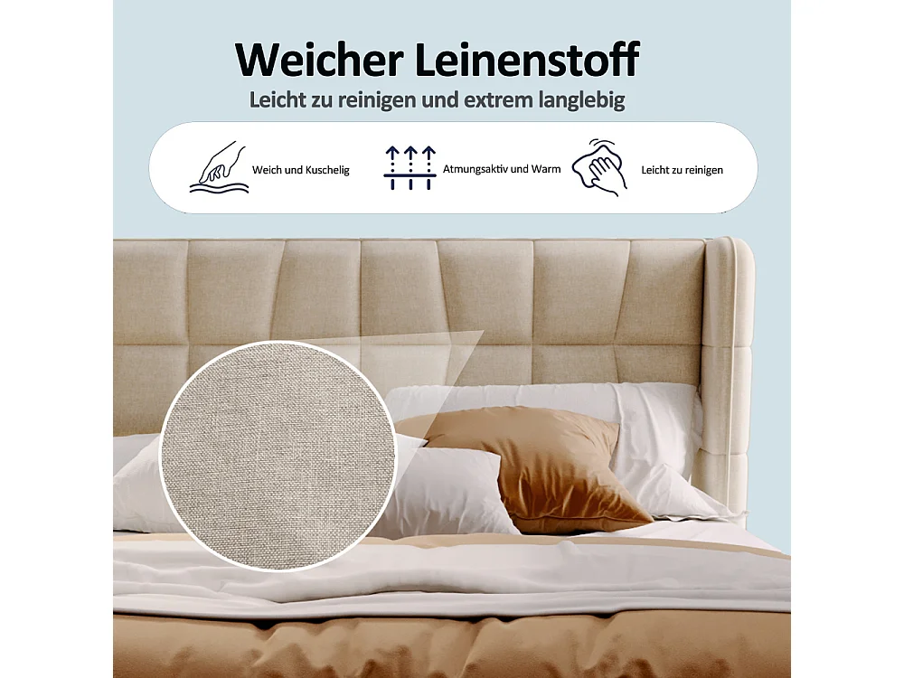 140 x 200 cm Polsterbett Kinderbett Stauraumbett mit Lattenrost, Kopfteil, Leinenbezug und Hebemechanismus, robustes Jugendbett bis 150 kg