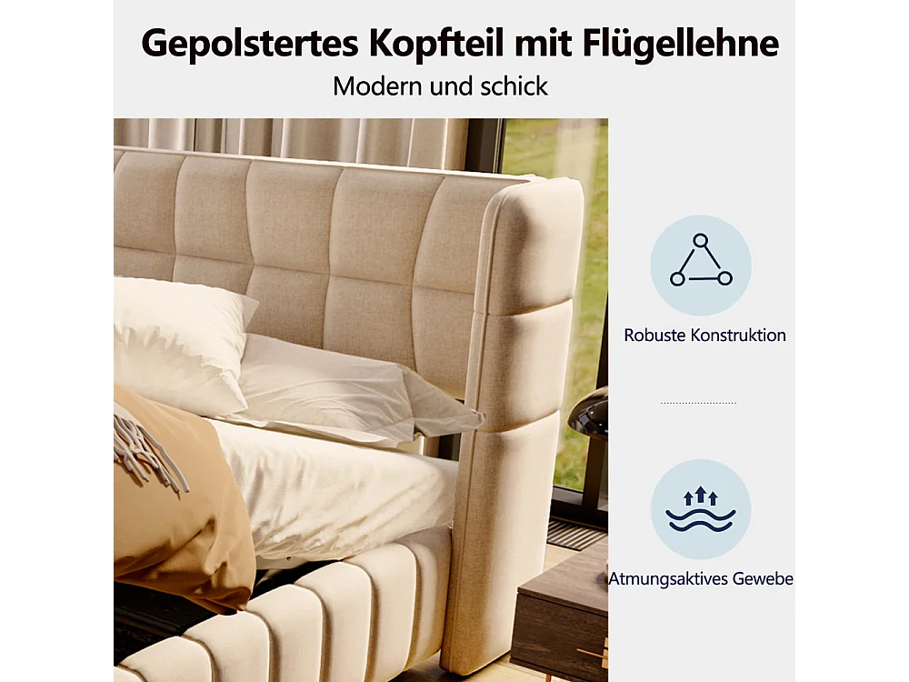 140 x 200 cm Polsterbett Kinderbett Stauraumbett mit Lattenrost, Kopfteil, Leinenbezug und Hebemechanismus, robustes Jugendbett bis 150 kg