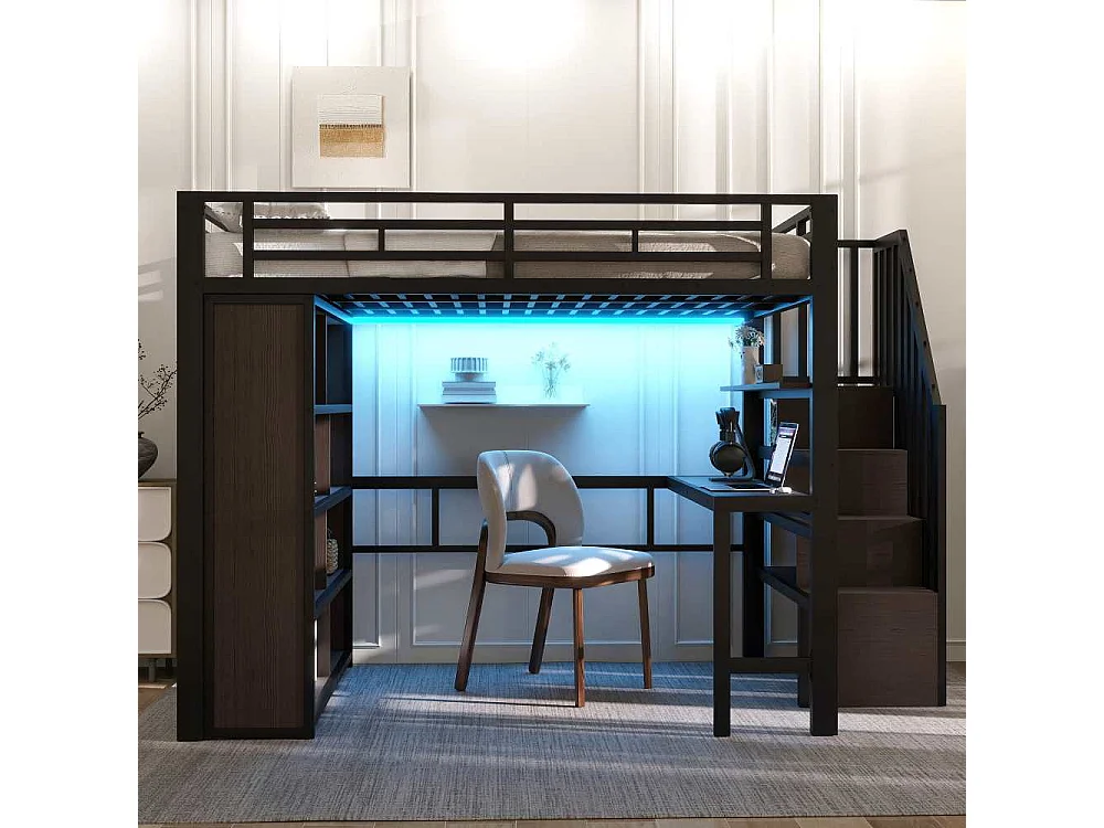 Letto a soppalco 140x200 cm con scrivania integrata, scaffali, LED regolabile e scale con contenitore, struttura in metallo, senza materasso
