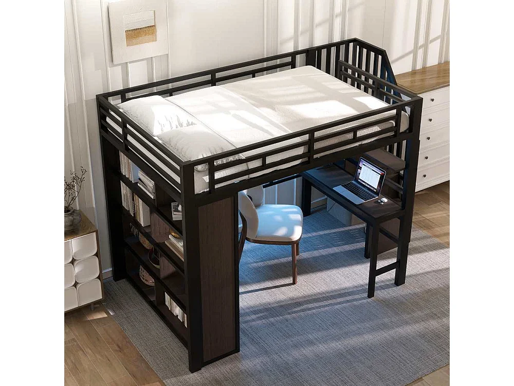 Letto a soppalco 140x200 cm con scrivania integrata, scaffali, LED regolabile e scale con contenitore, struttura in metallo, senza materasso