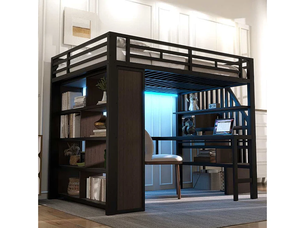 Letto a soppalco 140x200 cm con scrivania integrata, scaffali, LED regolabile e scale con contenitore, struttura in metallo, senza materasso