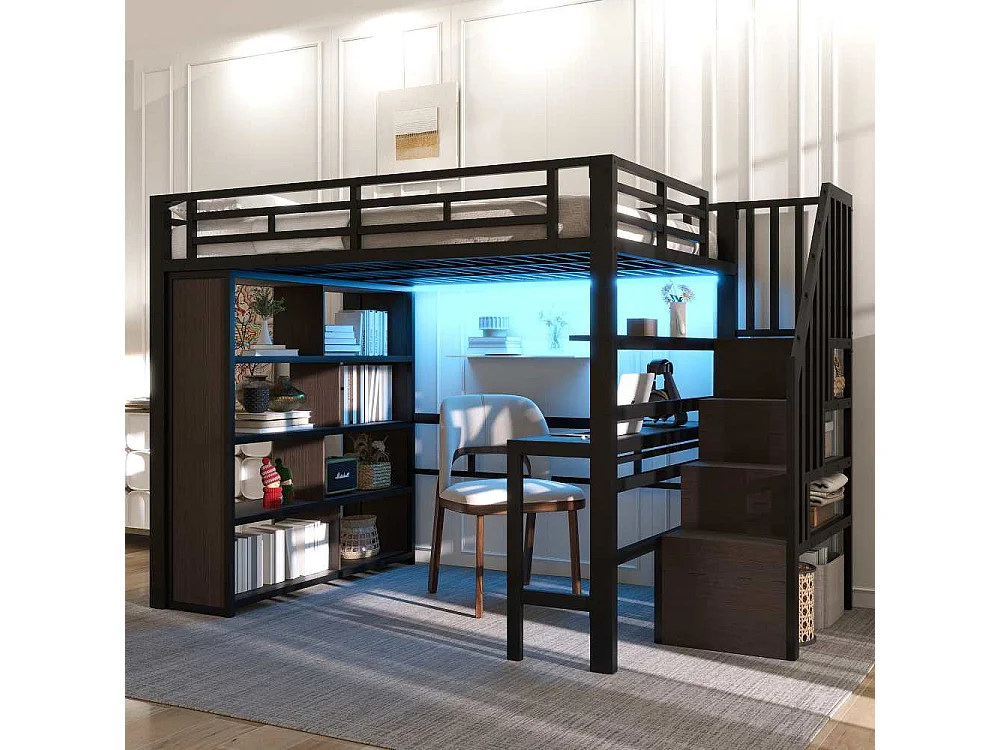 Letto a soppalco 140x200 cm con scrivania integrata, scaffali, LED regolabile e scale con contenitore, struttura in metallo, senza materasso