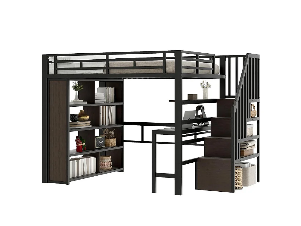 Letto a soppalco 140x200 cm con scrivania integrata, scaffali, LED regolabile e scale con contenitore, struttura in metallo, senza materasso