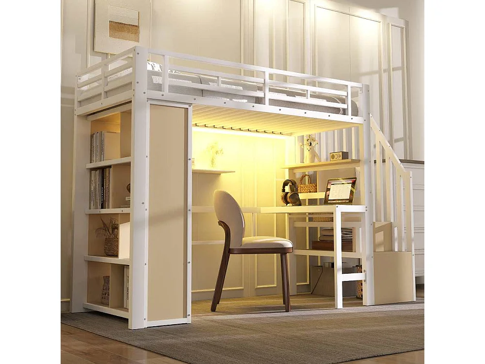 Letto a soppalco 90x200 cm con struttura in metallo, scrivania integrata, ripiani, LED regolabile e scale con spazio contenitore, senza materasso